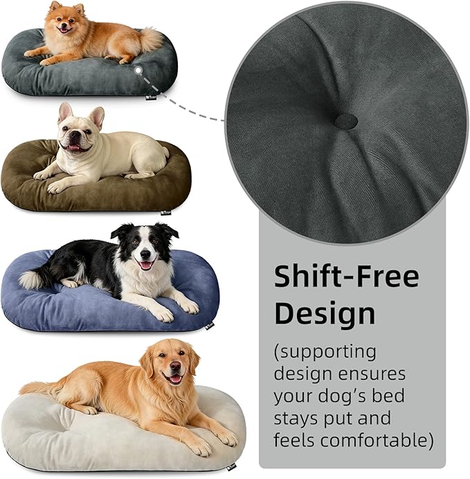 Durable & Washable Dog Bed for Small Medium Dogs & Cats, Plush Faux Silver Fox Fur Oval Bed with Non-Slip Bottom & Supportive Pad, 29”x18” Dark Grey