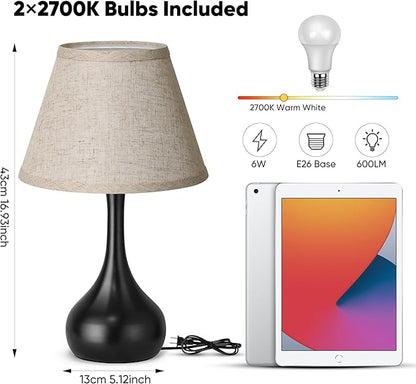 17” Touch Table Lamp for Bedroom Set of 2, 3-Way Dimmable Bedside Lamp for Nightstand, Farmhouse Metal Desk Lamp with Linen Shade for Living Room, Kids Reading, Dorm, Home Office Decor, Bulb Included