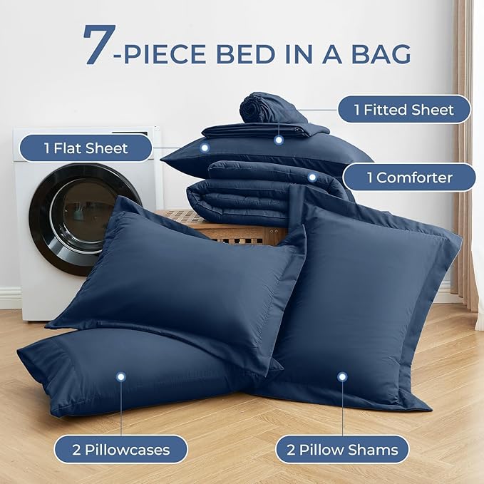 Sasttie King Size Comforter Set, 7 Pieces Bed in a Bag King, Complete Bedding Set Includes Comforter, Flat Sheet, Fitted Sheet, Pillowcases and Pillow Shams, Navy