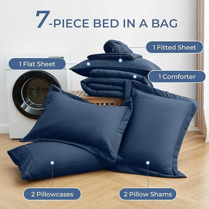 Sasttie King Size Comforter Set, 7 Pieces Bed in a Bag King, Complete Bedding Set Includes Comforter, Flat Sheet, Fitted Sheet, Pillowcases and Pillow Shams, Navy