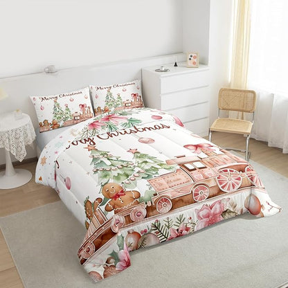 Gingerbread Train Bedding Sets Full Size,Christmas Tree Comforter Set 3Pcs for Kids Girls Boys Women Room Decor,Holly Leaves Flower Quilted Duvet Watercolor Pink Down Comforter,2 Pillowcases