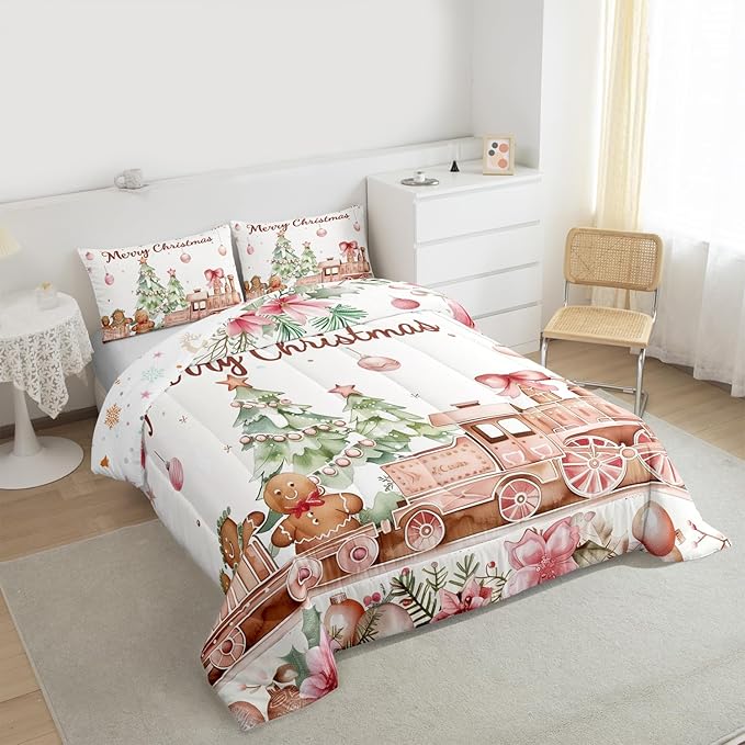 Gingerbread Train Comforter Set Twin Size,Christmas Tree Bedding Sets 2Pcs for Kids Girls Boys Women Room Decor,Holly Leaves Flower Quilted Duvet Watercolor Pink Down Comforter,1 Pillowcase