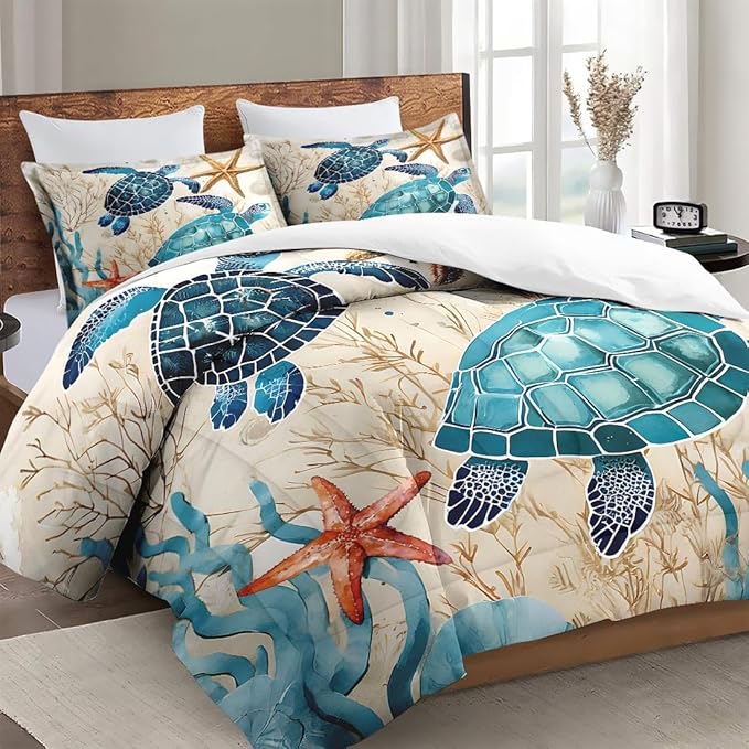Twin Size Comforter Set with Pillowcase, Ocean Coral Sea Turtle 2 Pcs Bedding for Kids and Adults, Blue Shell Animal Soft Comforter Set for Bedroom Bed Decor