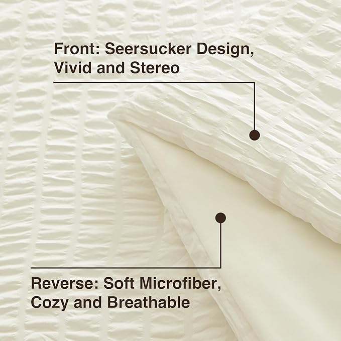Love's cabin Seersucker Ivory Queen Comforter Set, 7-Piece All Season Lightweight Bed in a Bag Bedding Set with Comforter, Flat Sheet, Fitted Sheet, Pillowcases and Shams | Soft, Breathable, Lightweight