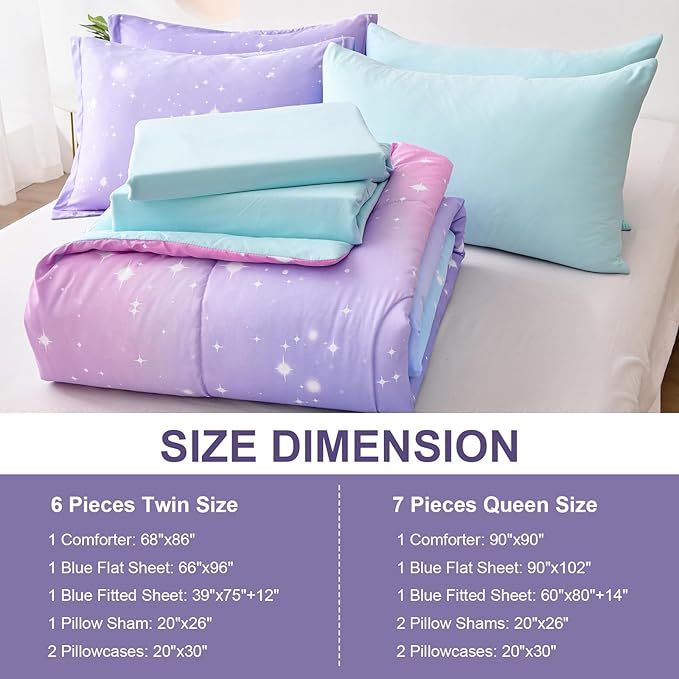 Drucon Rainbow Kids Comforter Set for Girls,6 Pieces Bed in a Bag Twin Size, Ultra Soft Microfiber Bedding Set(1 Comforter, 1 Flat Sheet, 1 Fitted Sheet, 1 Pillow sham, 2 Pillowcases)