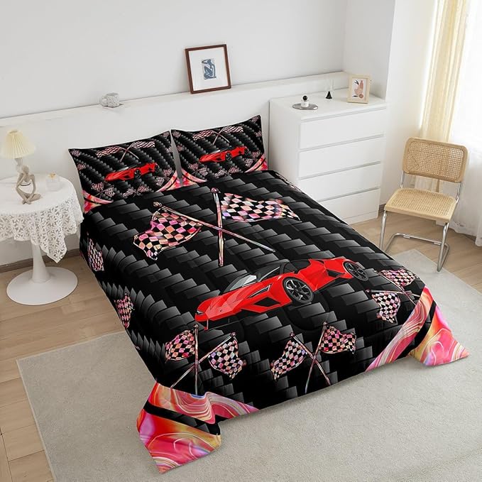 jejeloiu Red Race Car Bedding Set Full Size Extreme Sports Comforter Set for Kids Teens Adult Fast and Furious Duvet Set Dazzling Flag Quilt Set 3Pcs
