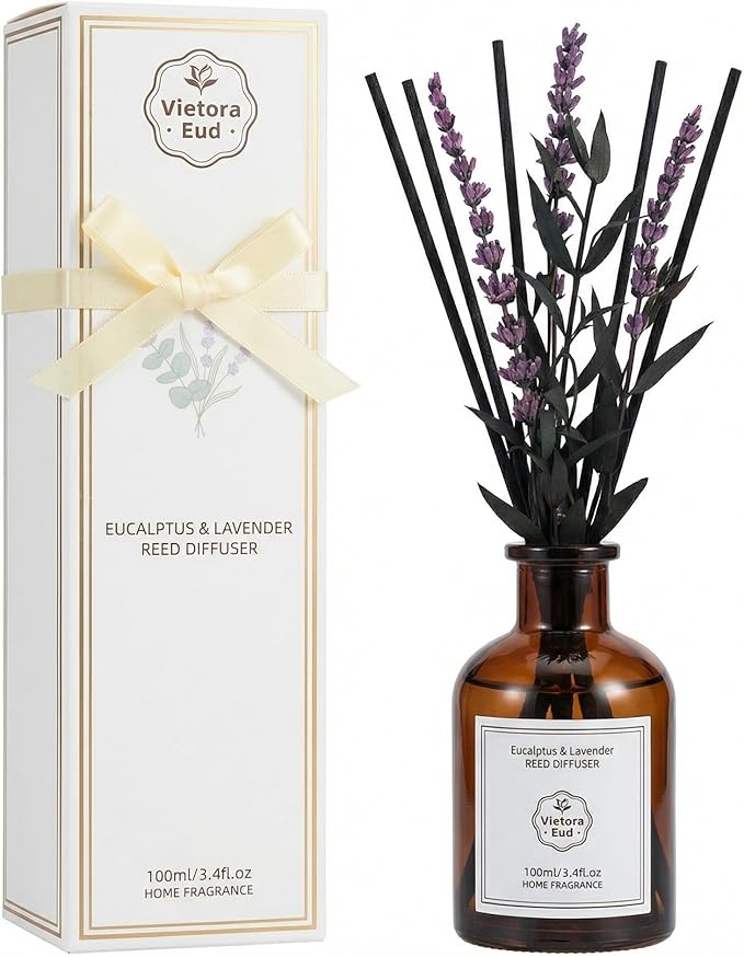Eucalyptus & Lavender Essential Oil Reed Diffuser - 3.34 Fl Oz, Natural Calming Aromatherapy for Bedroom, Long Lasting Stress Relief Room Scent, Spa Like Home Fragrance, Non-Toxic & Gift Ready