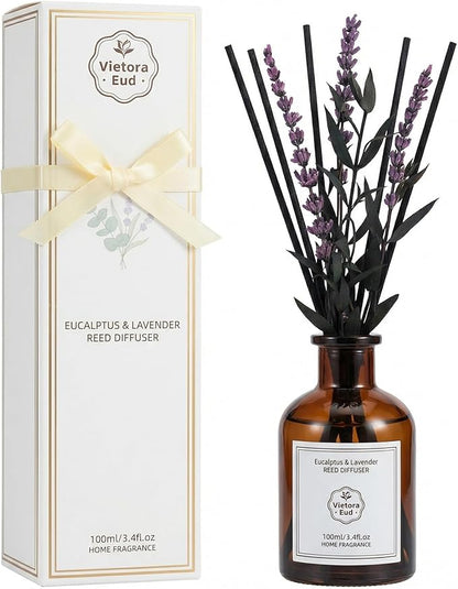Eucalyptus & Lavender Essential Oil Reed Diffuser - 3.34 Fl Oz, Natural Calming Aromatherapy for Bedroom, Long Lasting Stress Relief Room Scent, Spa Like Home Fragrance, Non-Toxic & Gift Ready