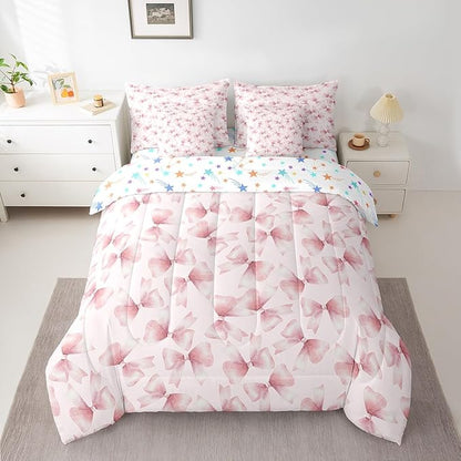 Feelyou Pink Bow Comforter Set with Sheets Full Size Kids Bowknot 7 Pieces Bedding Set for Boys Girls Teens Gift for Girls Women Bed in a Bag Breathable Princess Décor Bed Set