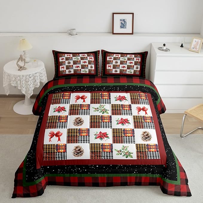 Merry Christmas Comforter Set Full Size,Red Black Checkered Patchwork Bedding Set for Kids Teens Women Men Room Decor,Christmas Tree Pinecone Bowknots Quilt Set Retro Plaid Duvet Insert 3Pcs