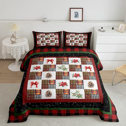 Merry Christmas Bedding Set Queen Size,Red Black Checkered Patchwork Comforter Set for Kids Teens Women Men Room Decor,Christmas Tree Pinecone Bowknots Quilt Set Retro Plaid Duvet Insert 3Pcs
