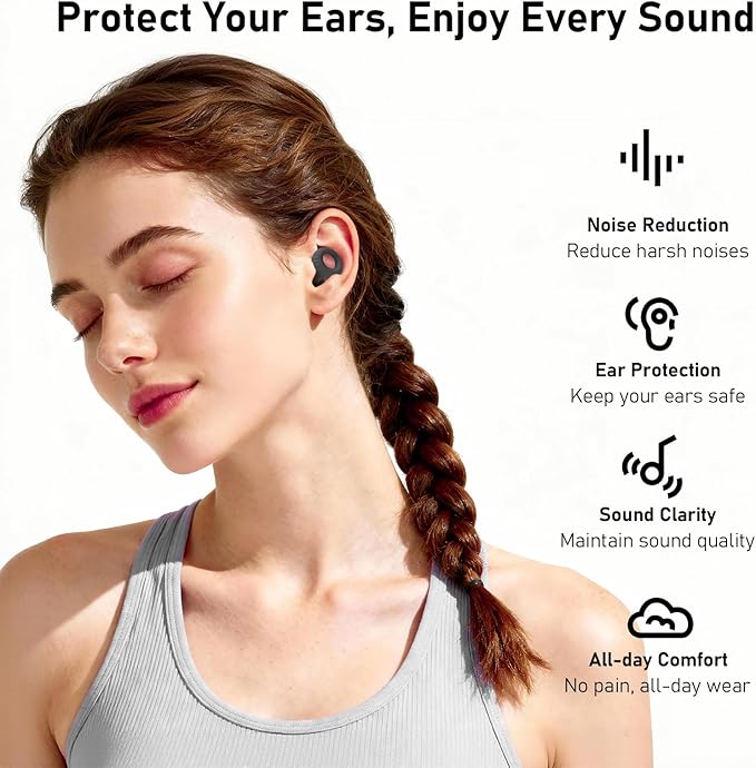 Noise Cancelling Ear Plugs for Sleeping, Concerts & Travel – Reusable Silicone Earplugs for Noise Reduction & Hearing Protection – 4 Pairs, Black + Black