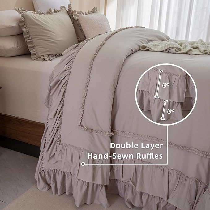 QSH Taupe Oversized King Comforter Set 120x120,Shabby Vintage Chic Ruffled Bedding Comforter Farmhouse French Country Rustic Comforter Microfiber Soft Fluffy Lightweight Bedding 3 PCs