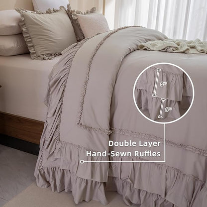 QSH Taupe Oversized King Comforter Set 120x120,Shabby Vintage Chic Ruffled Bedding Comforter Farmhouse French Country Rustic Comforter Microfiber Soft Fluffy Lightweight Bedding 3 PCs