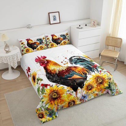 Erosebridal Sunflower Comforter Set Queen Size, Chicken Bedding Set, Yellow Floral Down Comforter, Watercolor Botanical Chick Animal Red Rooster Duvet Set, Tie Dye Quilted Duvet Bedroom Decor