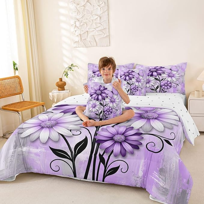 Feelyou Purple Floral Comforter Set with Sheets 7 Piece Full Size Daisy Blossom Flowers Pattern Bedding Set for Kids Boys Girls Abstract Geometric Art Bed in a Bag Room Decor Microfiber