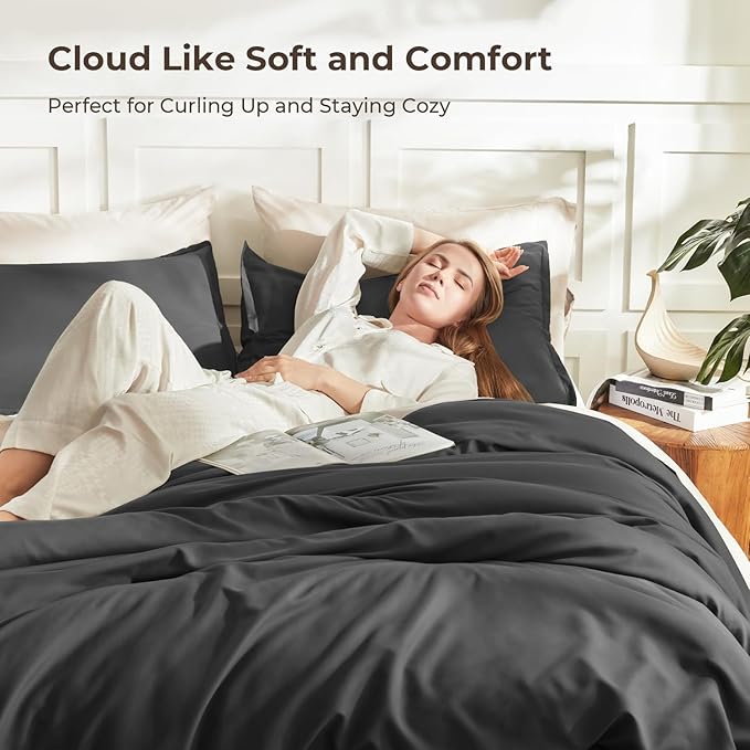 Litanika Grey Comforter Queen Size Set, Dark Gray Lightweight Plain Bedding Comforters Sets, All Season Fluffy Bed Set (90x90In Comforter & 2 Pillowcases)