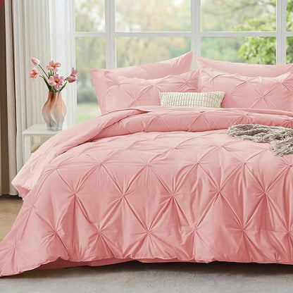 JOLLYVOGUE California King Comforter Set 7 Pieces - Bed in a Bag Cal King for All Season, Pintuck Bedding Comforter Sets with Comforter, Flat Sheet, Fitted Sheet and Pillowcases & Shams, Pink