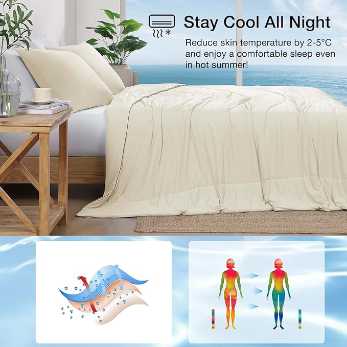 Monbix ChillChilla Cooling Comforter Queen Size-3 Pieces Cooling Blankets for Hot Sleepers and Night Sweats, Double-Sided Summer Queen Comforter Set, Breathable Lightweight Blanket Cream White