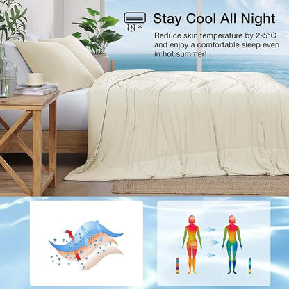 Monbix ChillChilla Cooling Comforter Queen Size-3 Pieces Cooling Blankets for Hot Sleepers and Night Sweats, Double-Sided Summer Queen Comforter Set, Breathable Lightweight Blanket Cream White
