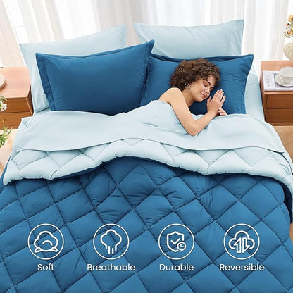 MUXHOMO 7 Pieces Queen Comforter Set, Reversible Bed in a Bag Queen Size, All Season Bedding Set with Comforter, Flat Sheet, Fitted Sheet, Pillowcases & Shams, Teal & Lake Blue
