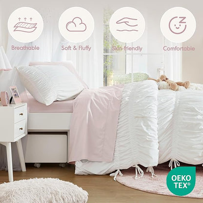 Intelligent Design Twin Comforter Set Ruched Shabby Chic Comforters for Twin Size Bed, All Season Lightweight Comforter Twin, French Country Bedding Set, Sham, Ella, Twin/Twin XL, White, 2 Piece