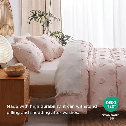 Boho Tufted Comforter Set Queen Size Pink Heart Tufted Textured Bedding Set 3 Pieces Farmhouse Shabby Chic Embroidery Bed Set Soft Jacquard Comforter for All Season with 2 Pillowcases