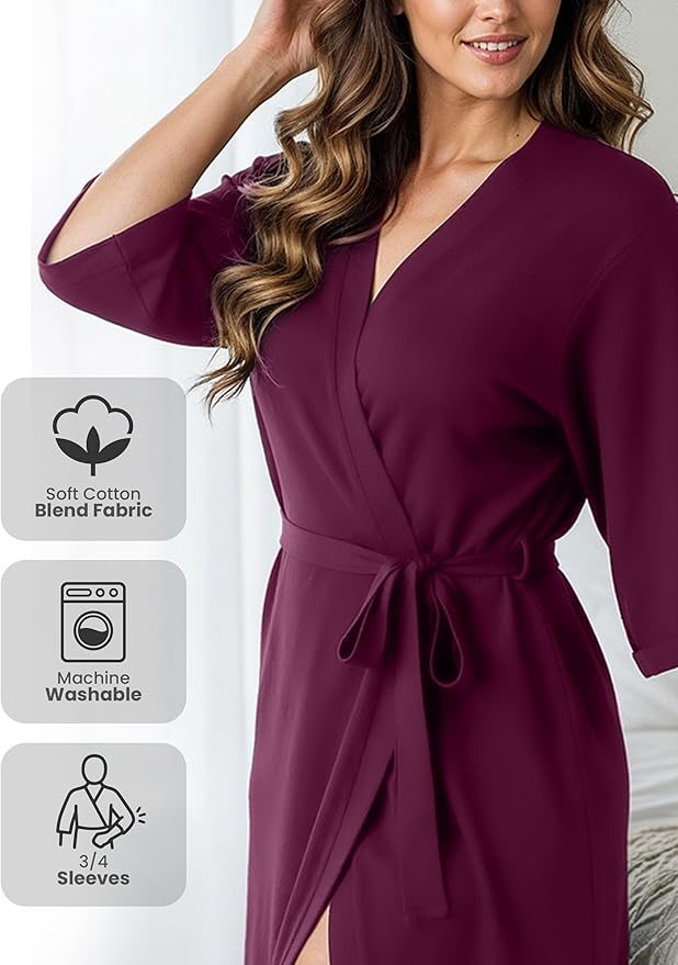 NY Threads Women's Robe Long Knit Bathrobe 3/4 Sleeves Soft Kimono Lightweight Loungewear