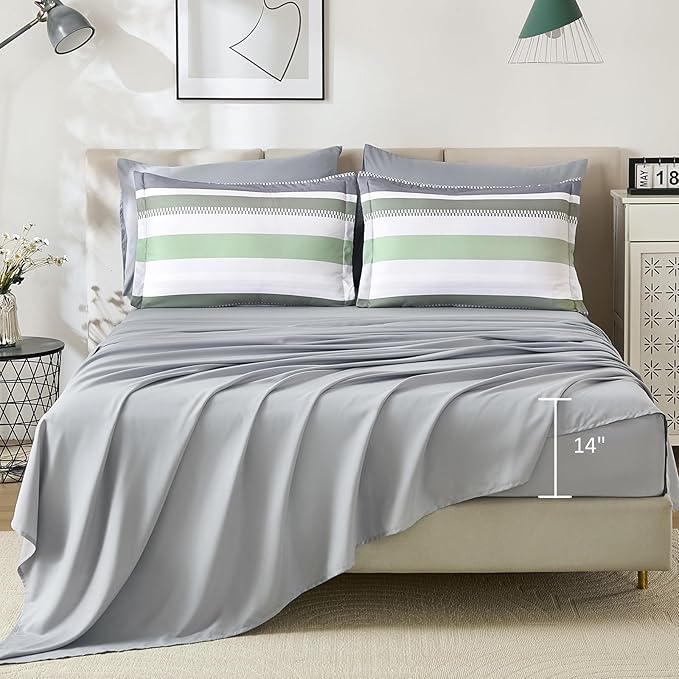 WONGS BEDDING Sage Green Comforter Queen Size Set, 7 Pieces Bed in a Bag Sage Green and Grey Comforter Set, Soft Boho Striped Bedding Sets with Sheets, Pillowcases & Shams