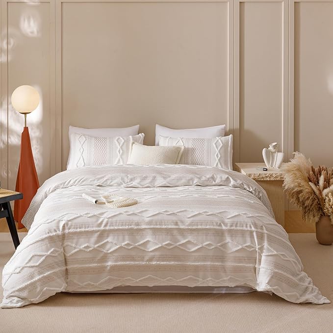 KAREVER Ivory Boho Comforter Set Twin Mixed Textures Jacquard Bedding Set Durable Chic and Stylish Bedroom Set