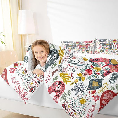 Scandinavian Horse Comforter Set Queen Size,Rustic Farmhouse Floral Bedding Sets 3Pcs for Kids Girls Boys Women Room Decor,Bird Squirrel Quilted Duvet Christmas Style Down Comforter,2 Pillowcases