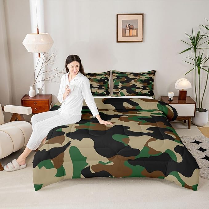 Erosebridal Camouflage Comforter Set King Size Camo Bedding Set for Adutls Men Women Dark Green Brown Black Comforter Rustic Farmhouse Abstract Quilt Bedroom Decor