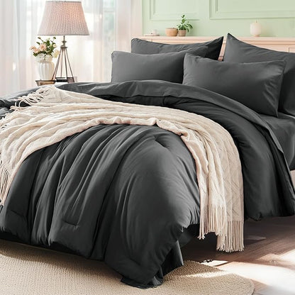 Anluoer Dark Grey King Comforter Set 7 Pieces, Bed in a Bag with Sheets, All Season Bedding Sets with 1 Comforter, 2 Pillow Shams, 2 Pillowcases, 1 Flat Sheet, 1 Fitted Sheet