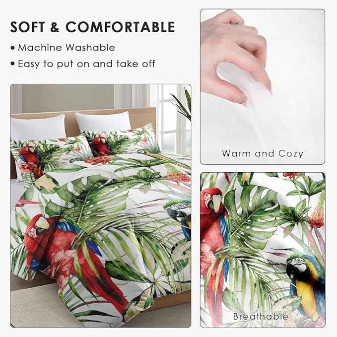 Twin Size Comforter Set with Pillowcase, Tropical Hibiscus Birds 2 Pcs Bedding for Kids and Adults, Flower Palm Leaf Soft Comforter Set for Bedroom Bed Decor