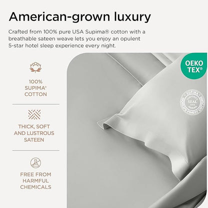 Threadmill Luxury Supima Cotton Sheets, 1000 Thread Count Soft 100% Cotton Sheets for King Size Bed, 4 Pc Light Grey King Bed Sheet Set, 5-Star Hotel Quality with Elasticized Deep Pocket King Sheet