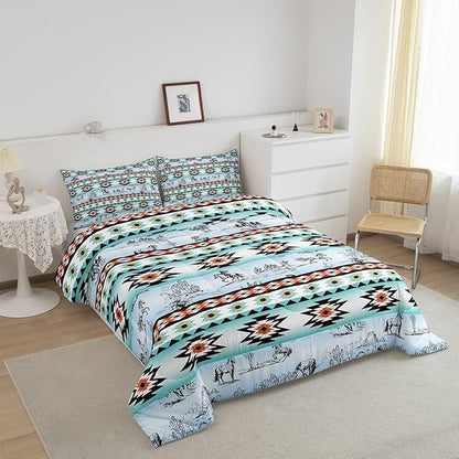 Feelyou Horse Comforter Set for Kids Boys Girls Southwestern Comforter Wild Western Cowboy Buffalo Check Bedding Set Toddler Size Bedroom Decor Vinatge Blue Green Duvet Set 2Pcs