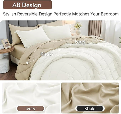 MUXHOMO 7 Pieces King Comforter Set, Reversible Bed in a Bag King Size, All Season Bedding Set with Comforter, Flat Sheet, Fitted Sheet, Pillowcases & Shams, Ivory & Khaki