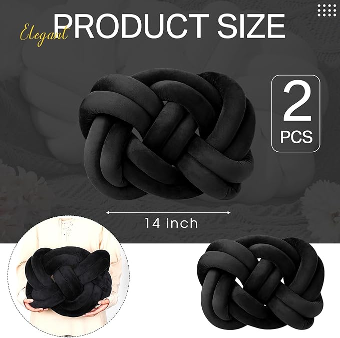 Sintuff Set of 2 Velvet Knot Pillow Ball 14 x 16 Inch Soft Decorative Knotted Throw Pillow for Christmas Thanksgiving Couch Home Sofa Bedroom Decor to Add Comfort and Style(Black)