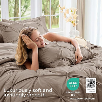 Sasttie Full Size Comforter Set, 7-Piece Bed in a Bag, Pintuck Bedding Set for All Season, Includes Comforter, Flat Sheet, Fitted Sheet, Pillowcases and Pillowshams, Dark Linen
