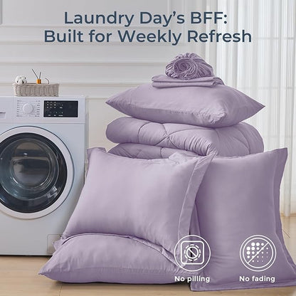 HEVUMYI King Purple Comforter Set - 7-Piece All Season Bed in a Bag King, Ultra Soft Bedding Set with Comforter, Flat Sheet, Fitted Sheet, Pillowcases, Pillow Shams, Lavender Purple