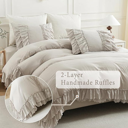 Herside Beige Ruffle Comforter King Size,Shabby Chic Boho Bedding Set,2 Layers Ruffles Fluffy Vintage Comforter Home Decor,Farmhouse 3 Pcs Microfiber Lightweight Quilt Set for Women Girls