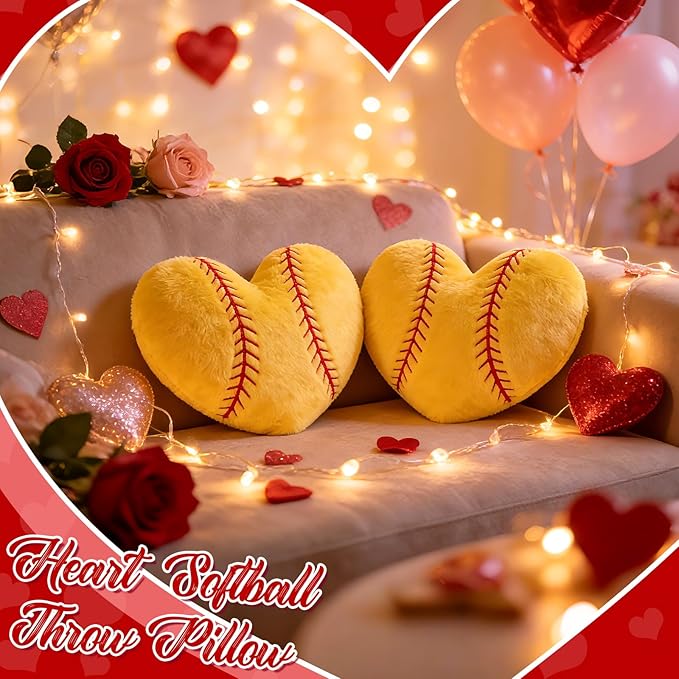 2Pcs Softball Throw Pillow, 11 in Soft Embroidered Fluffy Softball Pillow, Stuffed Plush Heart Shape Softball Pillow for Bedrooom Couch Bed Decoration, Gift for Softball Lover Player Team