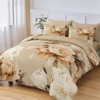 Dobuyly Full Size Comforter Set 7 Piece Bed in a Bag Full, Taupe Floral Printed on Khaki Fall Comforter Set with Sheets, Soft Microfiber Farmhouse Complete Bedding Set for All Season