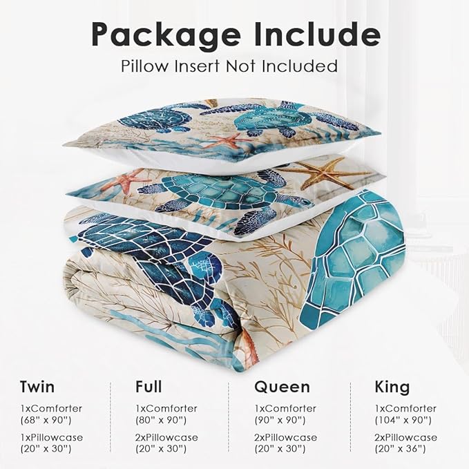 King Size Comforter Set with 2 Pillowcases, Sea Turtle Coral 3 Pcs Bedding for Kids and Adults, Blue Ocean Shell Animal Soft Comforter Set for Bedroom Bed Decor