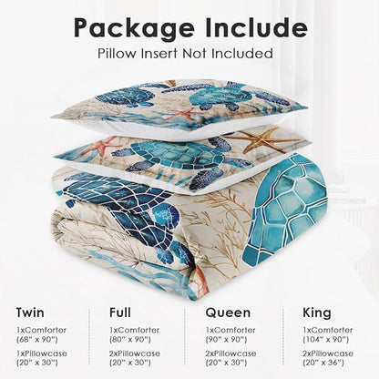 Twin Size Comforter Set with Pillowcase, Ocean Coral Sea Turtle 2 Pcs Bedding for Kids and Adults, Blue Shell Animal Soft Comforter Set for Bedroom Bed Decor