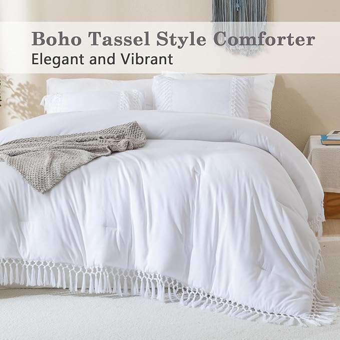 Andency White Comforter Set California King, 3 Pieces Boho Tassel Lightweight Soft Bedding Comforter Sets for King Bed, All Season Fluffy Fringe Bed Set (104x96In Comforter & 2 Pillowcases)