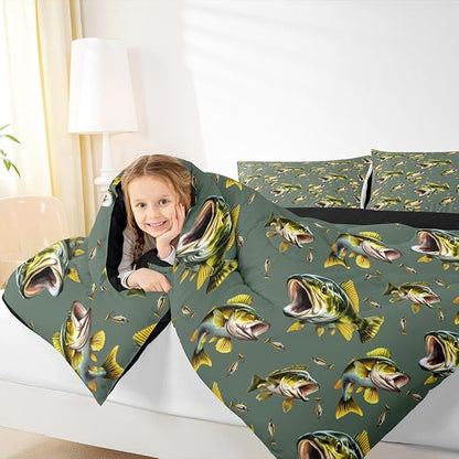 Erosebridal Bass Fishing Full Bedding Set - Pike Fish Theme Comforter Set for Boys Kids Teen | Hunting Fisherman Quilt | Lake House Rustic Cabin Bedroom Decor with 2 Pillowcases