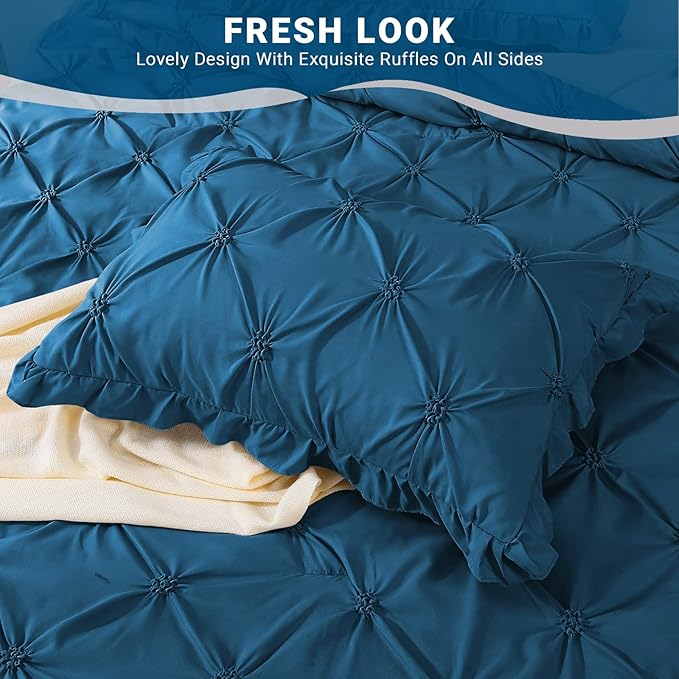 JOLLYVOGUE King Size Comforter Set 7 Pieces, Teal Bed in a Bag Comforter Set for Bedroom, Beddding Sets with Comforter, Sheets,Ruffled Shams & Pillowcases