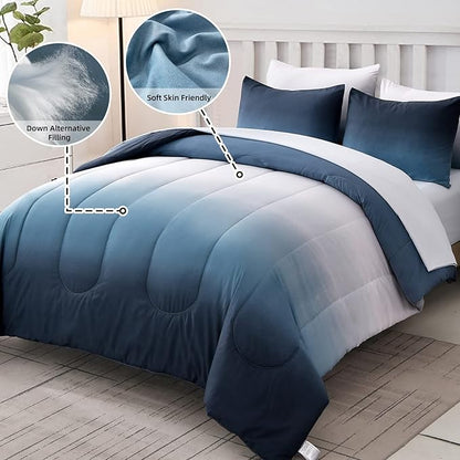 Anibedding Blue Comforter Set Queen - 7 Pieces Ombre Blue White Microfiber Bedding Set - All Season Down Alternative Light Ocean Sea Abstract Bed in a Bag for All Season (90" x90")