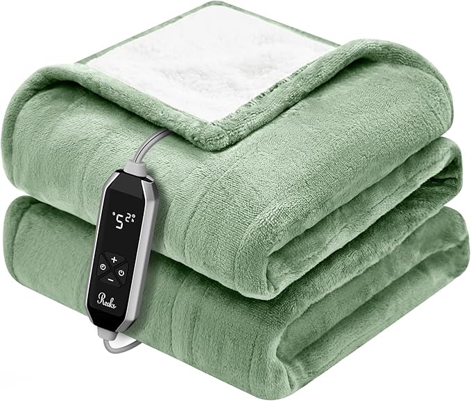 Reaks Heated Blanket Throw, 50×60 Inches, Fast Heating Blanket 10 Heat & 9 Timer Settings, Electric Blanket Soft Flannel Sherpa, Automatic Power Off Function, ETL & FCC, Machine Washable, Green